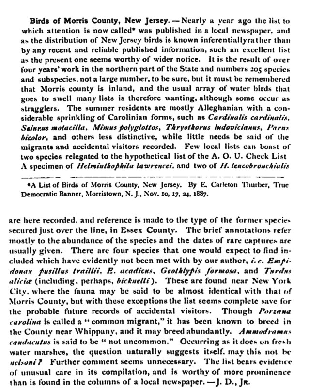 1888 Review of E.C. Thurber's List Of Morris County Birds (1887), Vol. V, The Auk